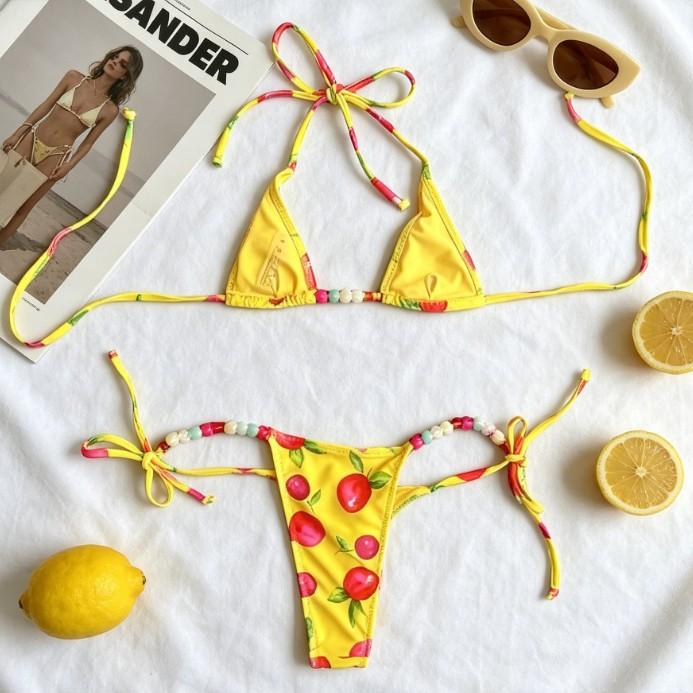 Three-point printed bikini strap-up neck sexy thong swimsuit female split bikini