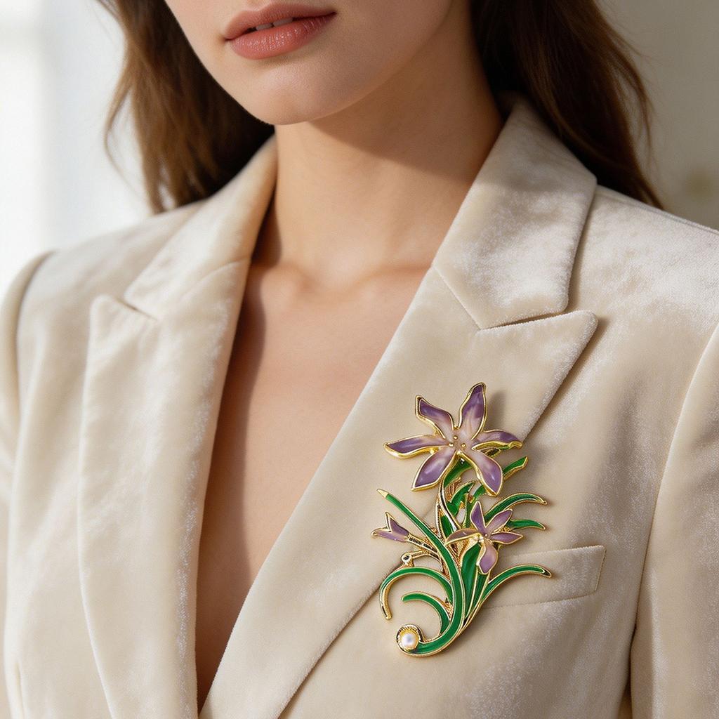 Enamel-colored Orchid Brooch for Luxury Business Formal Wear Accessory Pin, High-end Alloy