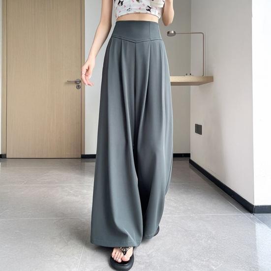 Women Pants Elastic High Waist Wide Leg Casual Trousers Pure Color