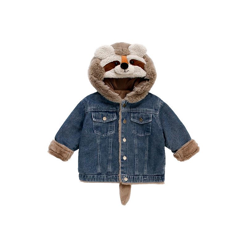 

Girls Fleece-Lined Denim Jacket - Warm Korean Style Autumn/Winter Cotton-Padded Top for Little Girls 90 cm