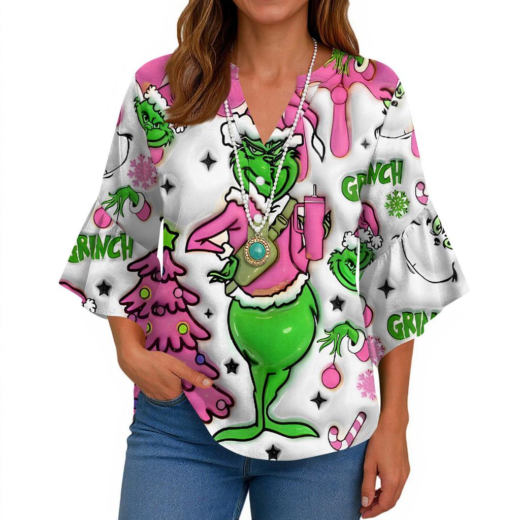 3/4 Sleeve Shirts For Women Cute Print Graphic Tees Blouses Casual Plus Size Basic Ruffled Sleeve Tops Pullover