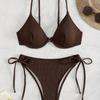 Women's Brown Ribbed V-Neck Triangle Side Tie Two-Piece Bikini Swimsuit