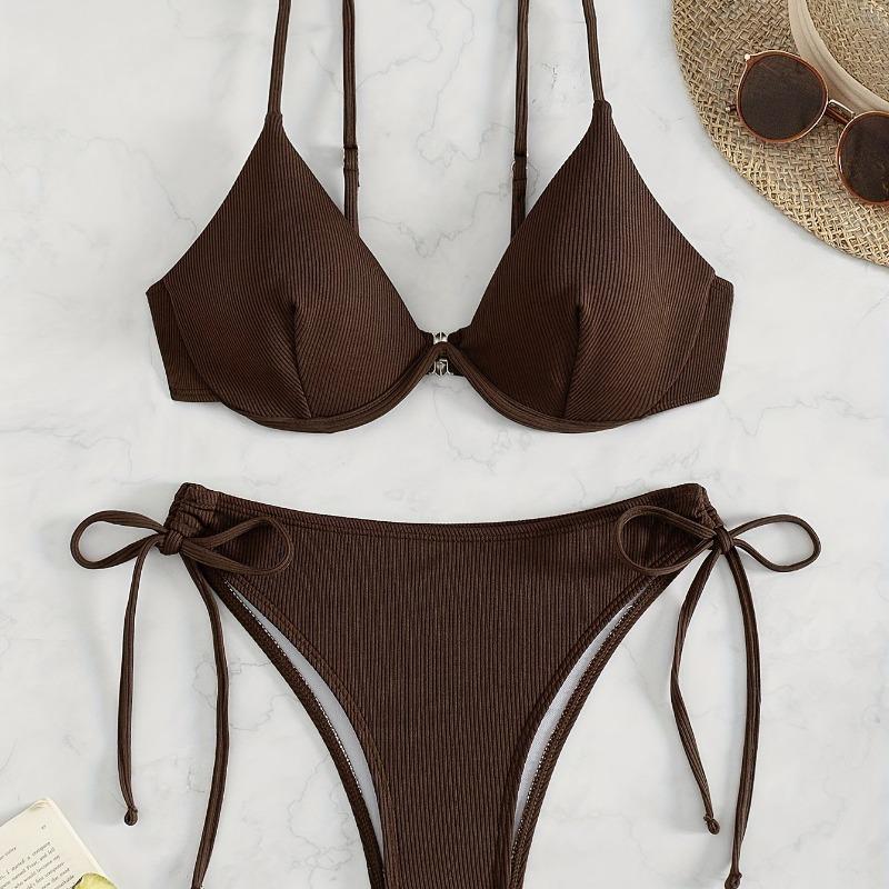 Women's Brown Ribbed V-Neck Triangle Side Tie Two-Piece Bikini Swimsuit