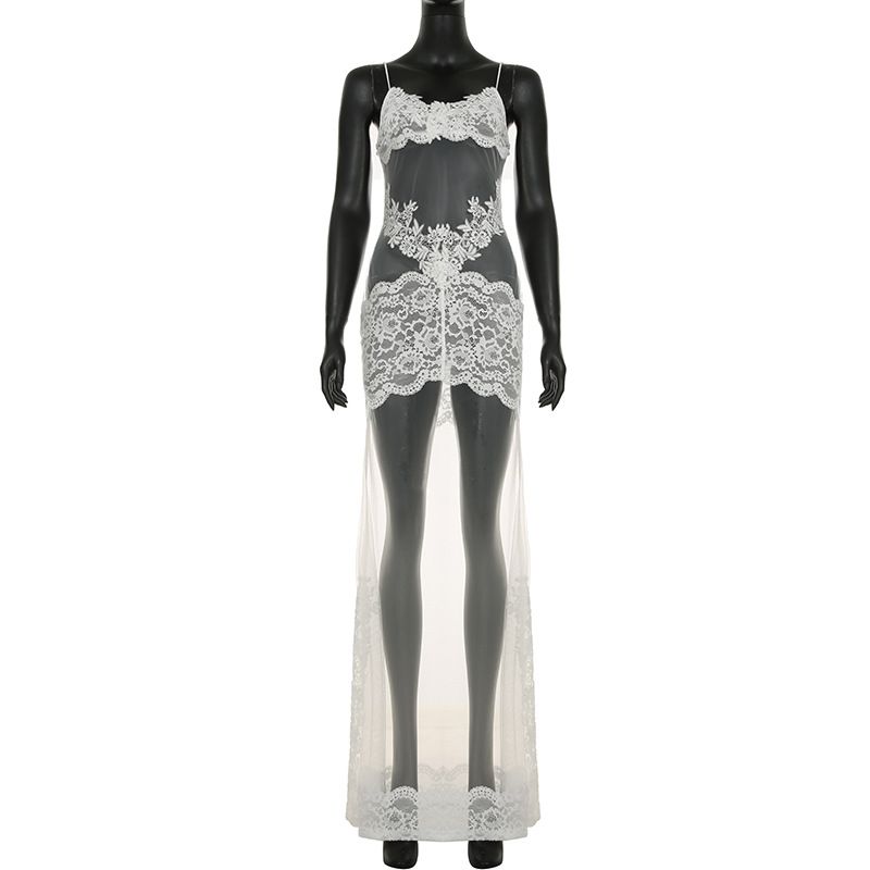 

Внешняя торговля Европа и Америка Летнее сетчатое кружевное платье-слинг Перспективная сексуальная ночная сорочка Праздничный стиль Длинное платье Повседневная одежда White L