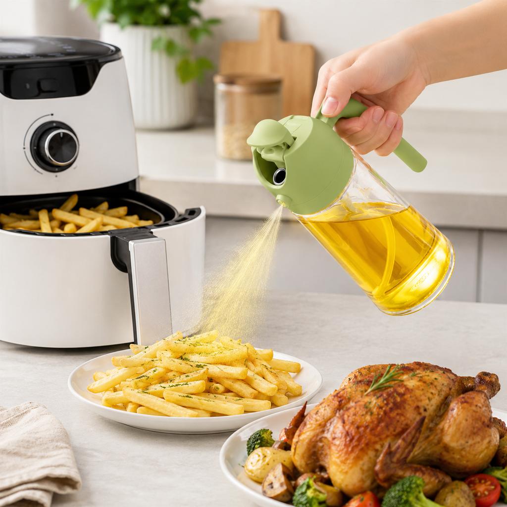 2-in-1 Glass Olive Oil Sprayer & Dispenser 16oz/470ml Leakproof Spray Bottle for Cooking, Air Fryer BBQ, Baking Salad Grilling