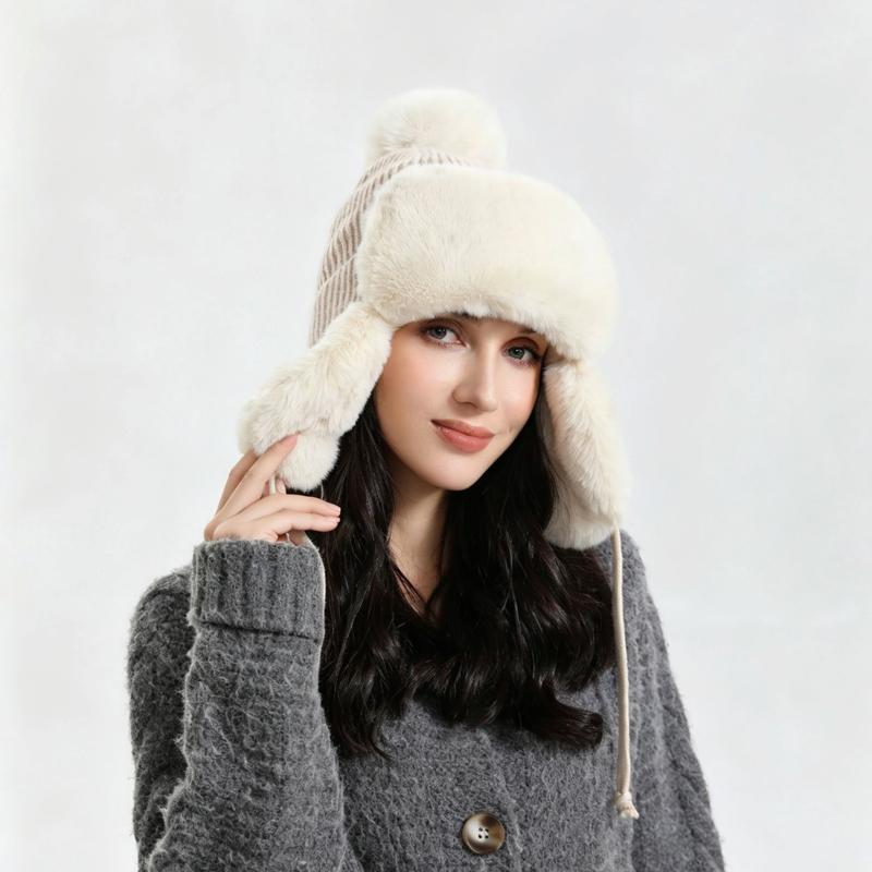 Zeyu Unisex Winter Faux Fur Trapper Hat Warm Fluffy Breathable Knitted Earflap Pom Pom Windproof Cold Weather Sports Travel ODM