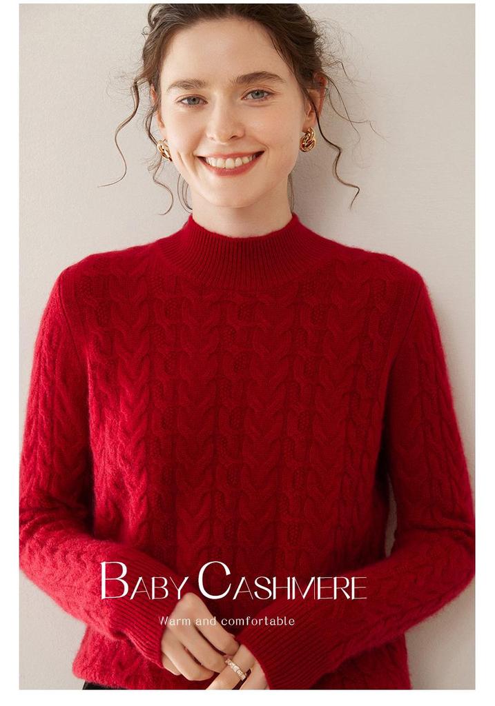 Women's High Neck Cable Knit Cashmere Sweater, Loose Fit, Solid Color, Thick Inner Layer for Autumn/Winter 2024