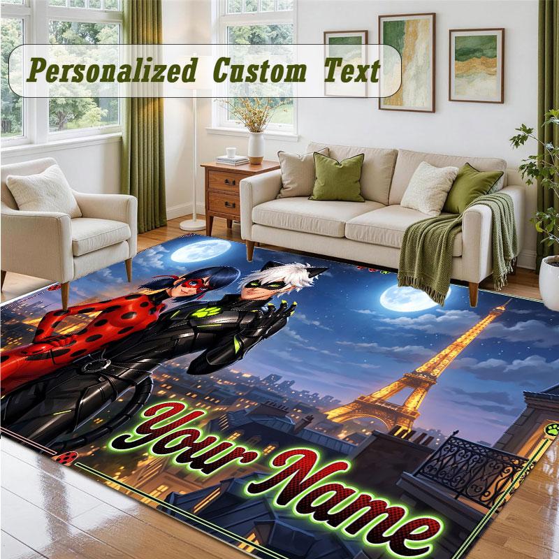 Crystal Velvet Square Rug Custom NameMiraculous Ladybug Pattern Non Slip Home Floor Decor Rug