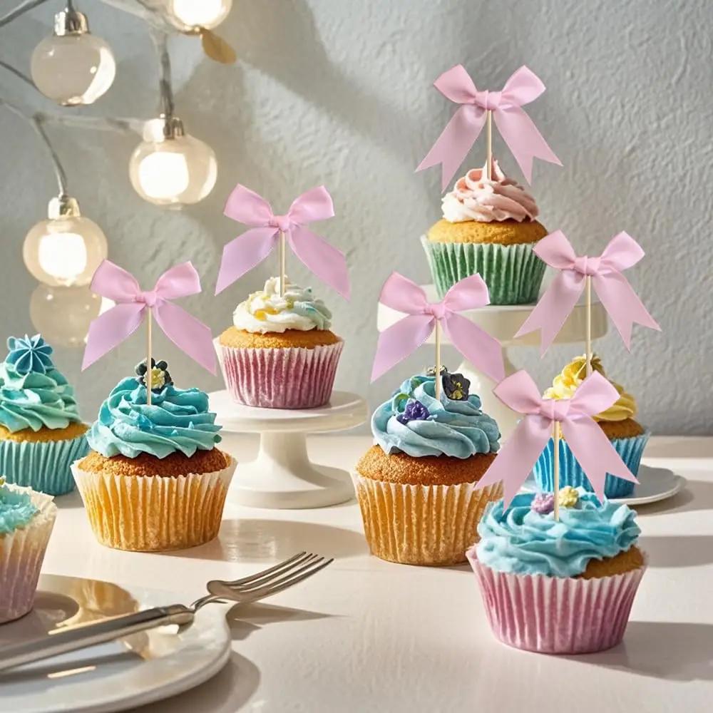 12pcs Pink Bow Cupcake Topper Pink Bow Birthday Decor Coquette Themed Party Decoration Bridal Shower Cake Topper Bow Party Decor