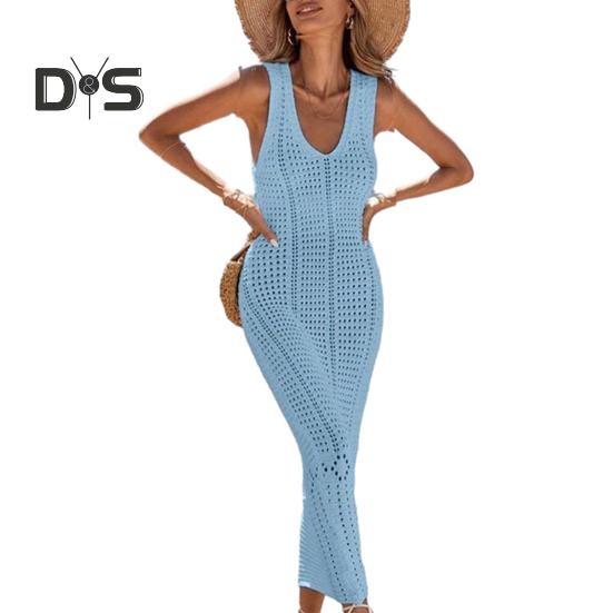 

Женский пляжный сарафан с V-образным вырезом, вязаный крючком, ажурное макси-платье, трикотажное, регулируемые бретели, защита от солнца, пляжная одежда XL светло-синий