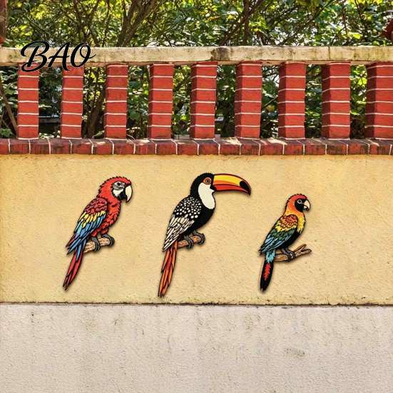Decorative Toucan Parrot Prints 3Pcs Tropical Bird Wooden Wall Decor, 2D Flat Wood Outdoor Courtyard Decoration Art, Colorful Animal Ornament