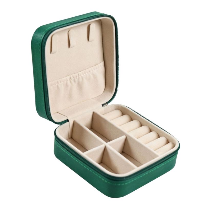 Zippered Leather-Material Jewelry Storage Case with Lid Hooks, Interior Pocket, Ring Rolls, and Removable Dividers