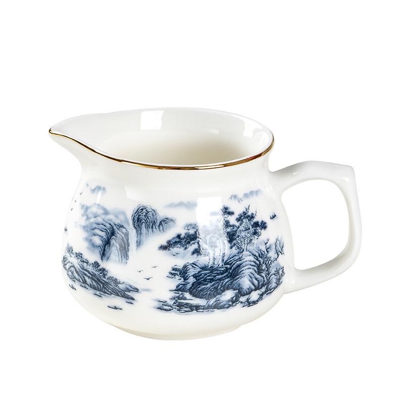 White Porcelain Tea Set: 270ml Pitcher, 190ml Fairness Cup, Milk Pitcher, and Blue & White Landscape Divider.