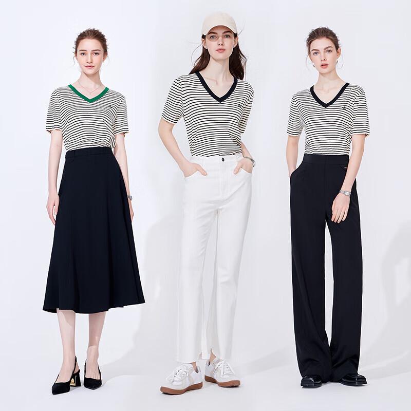 Navigare Women's Loose V-Neck Striped Short-Sleeve Knit Top