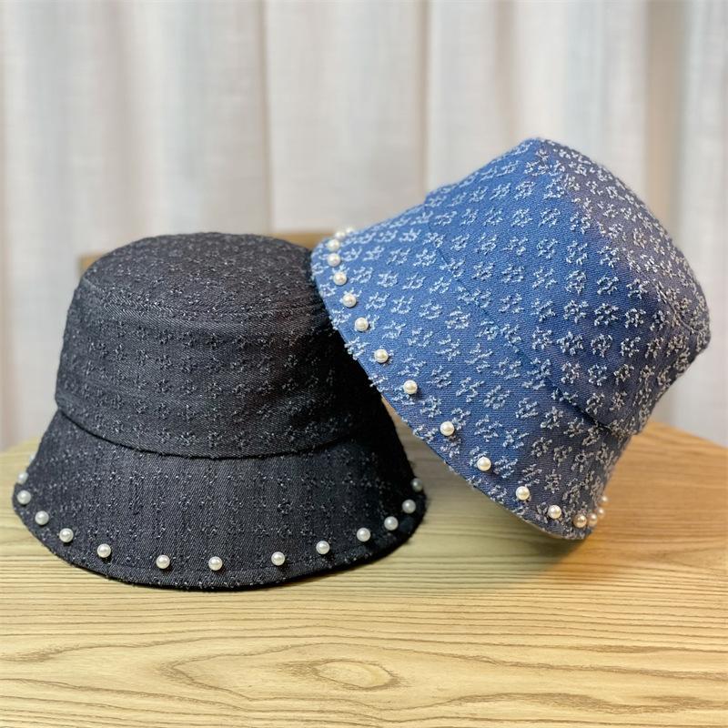 New Retro Washed Denim Pearl Bucket Hat Women's Autumn and Winter Bucket Basin Hat Children