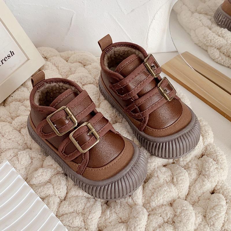 Winter Mid-cut Cotton Shoes for Children, Plus Velvet Soft-soled Casual Shoes for Boys and Girls, Velcro Cotton Shoes