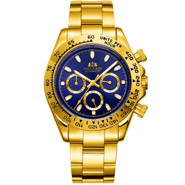 Paulareis Automatic Watches Self Wind Mechanical Gold Stainless Steel Glacier Ice Blue Dial Chestnut Brown Bezel Luminous Men Watch RL01