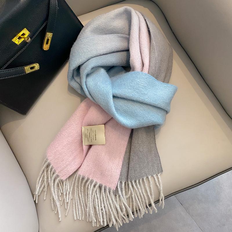 Gradual change color pure wool scarf women's winter versatile tassel long double-sided color large shawl dual-purpose new