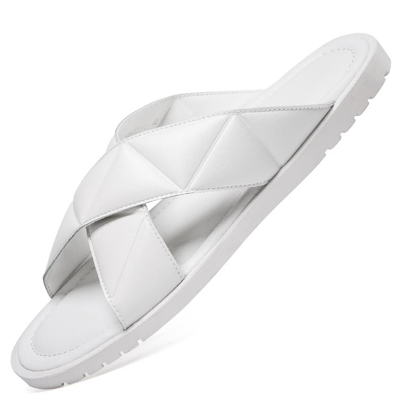 

Мужские сандалии тапочки кожаные люксовый бренд мода новые мужские туфли на плоской подошве повседневные нескользящие пляжные сандалии для отдыха на открытом воздухе мужские полудраги 46 белый