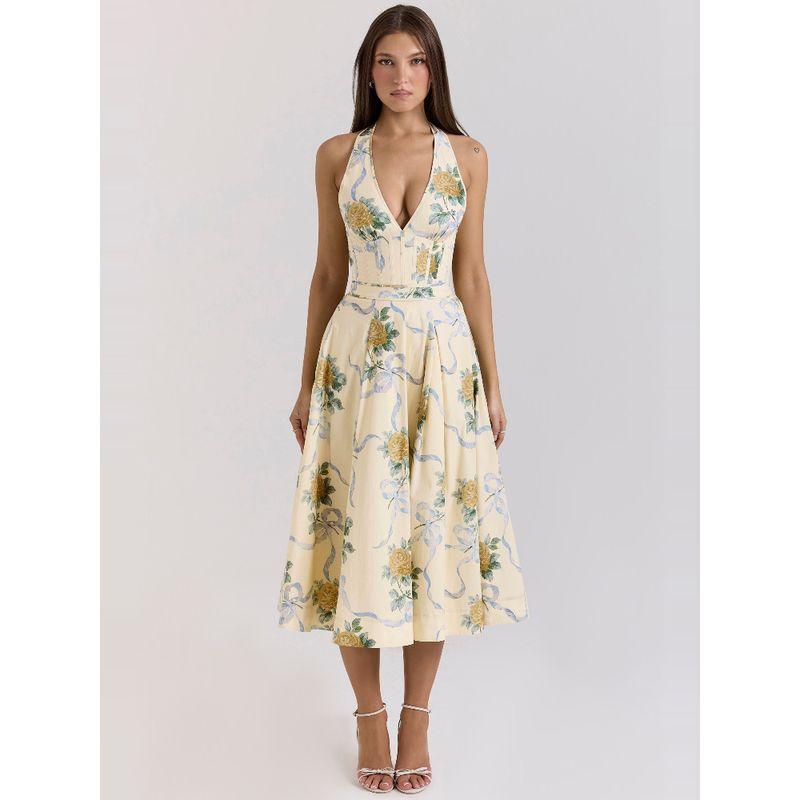 Spring Beauty House Same Style Yellow Roses Sexy Deep V Backless Waist Hugging Lace-up Hanging Neck Mid-Length Vacation Dress