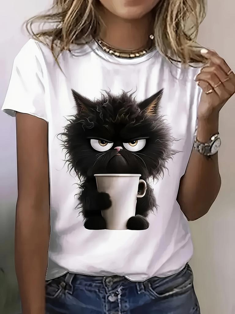 Arrogant Cat - Pattern Printing - Spring And Summer Casual Short Sleeved T-shirt - Fashion Women's Clothing