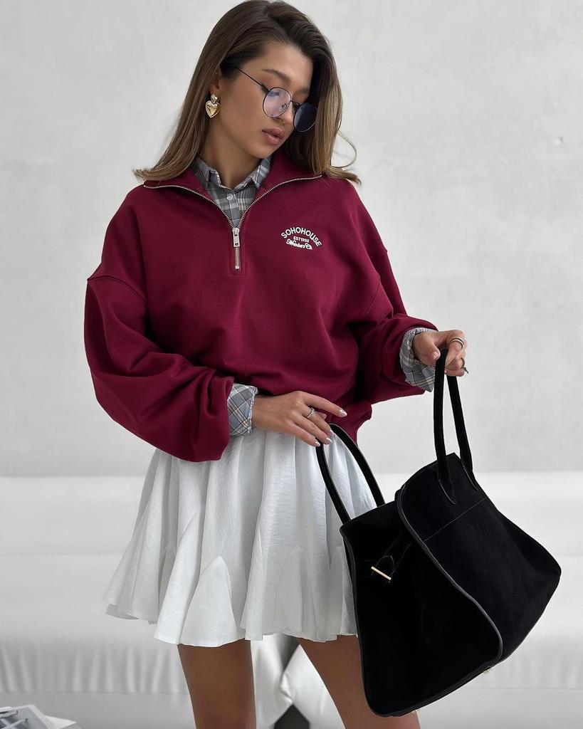 European and American basic semi-zipper pullover sweater women's 2025 new letter printing casual jacket