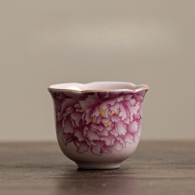 Pink Ru Kiln Peony Flower Mouth Cup, Household Ceramic Tea Cup, Master Cup, Tea Cup, Open Piece Can Be Raised