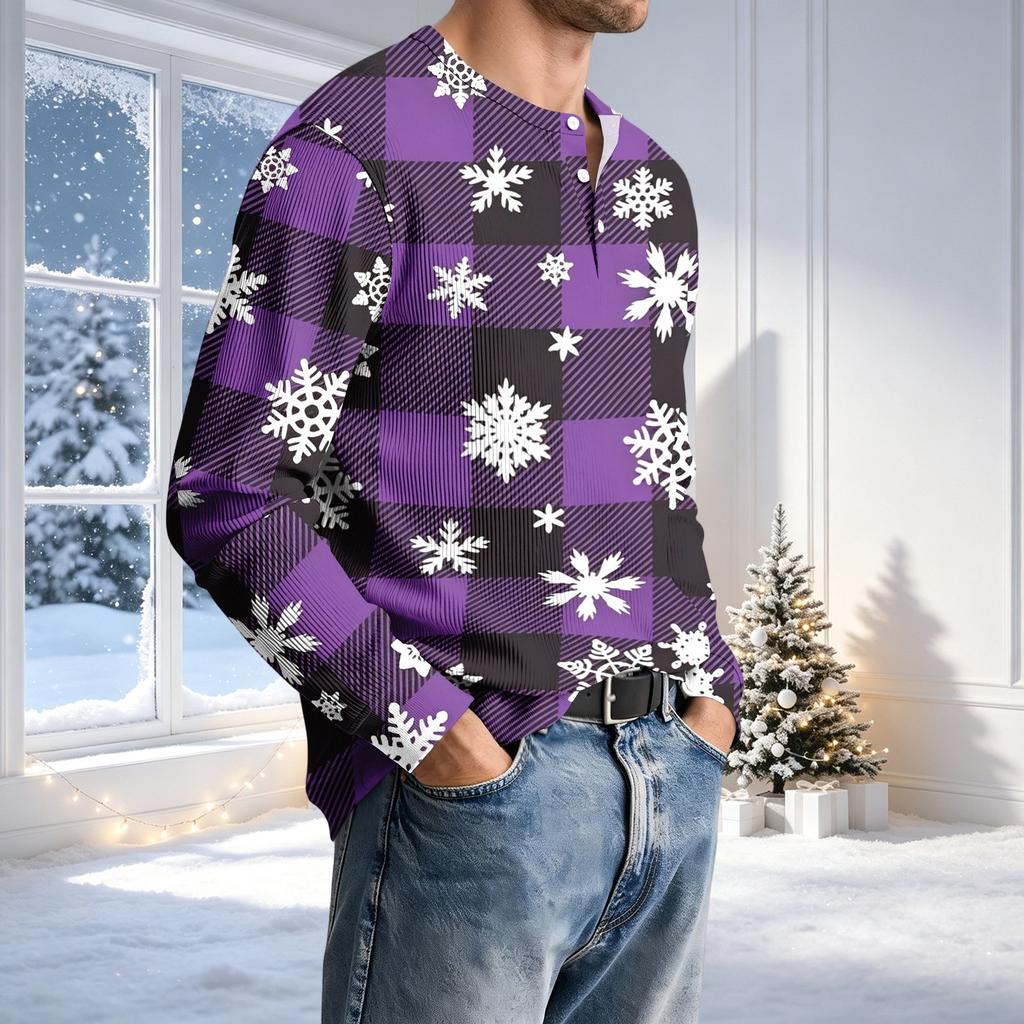 Men's Casual Neck Long Sleeve T-Shirt with Ribbed Texture Christmas Print