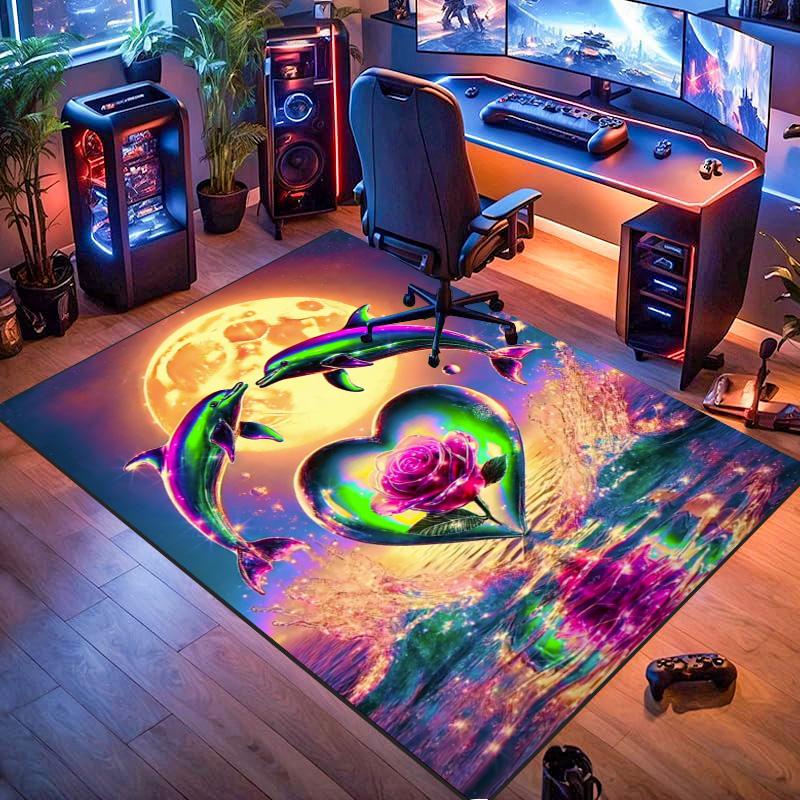 Neon Dolphin Heart Rose Moon Ocean Fantasy Print Area Rug Colorful Marine Non‑Slip Rectangular Floor Mat Living Bedroom Home Decor Carpet