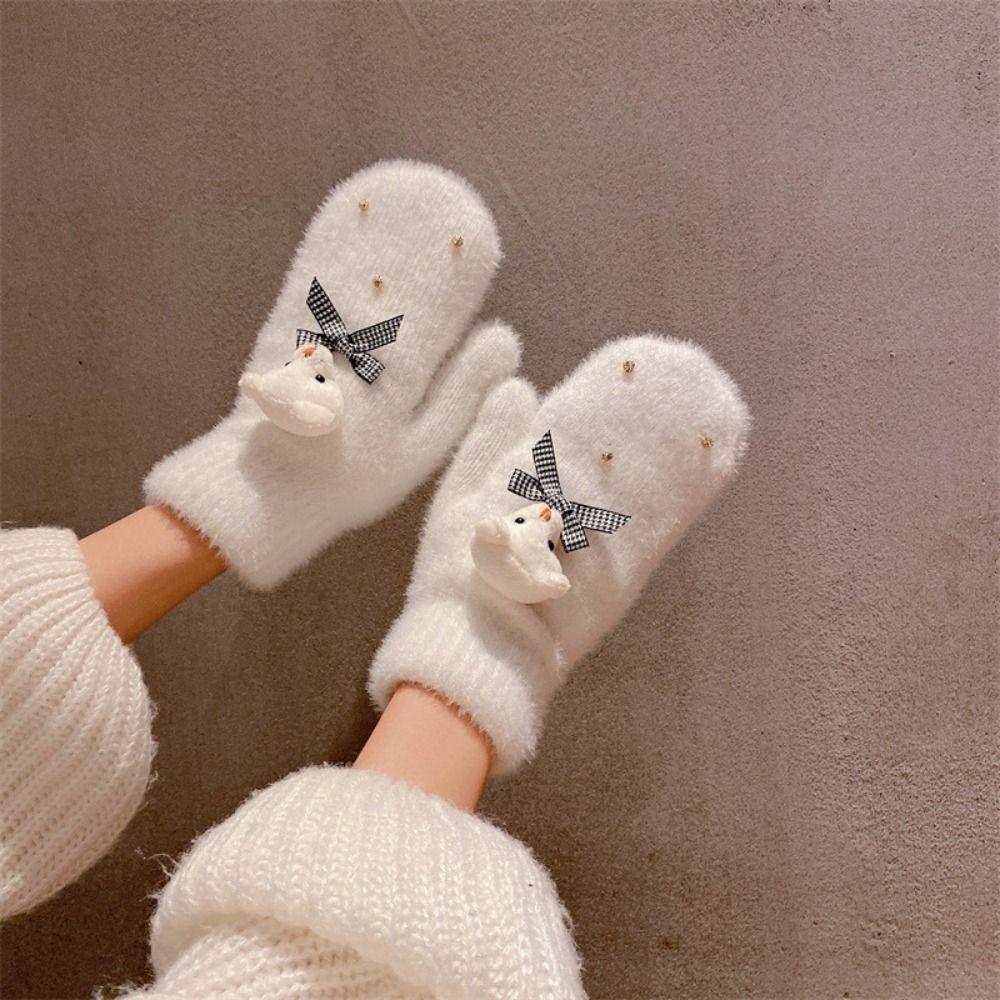 Thicken Bow Plush Gloves Full Finger Mittens Cute Gloves Creative Student Knitted Gloves  Female