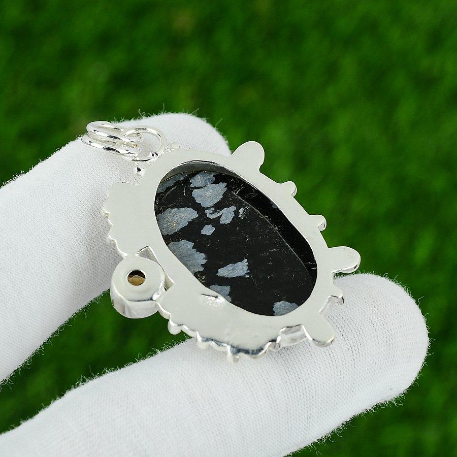 Natural Snoflake Obsidian Gemstone Pendant Black 925 Sterling Silver Jewelry