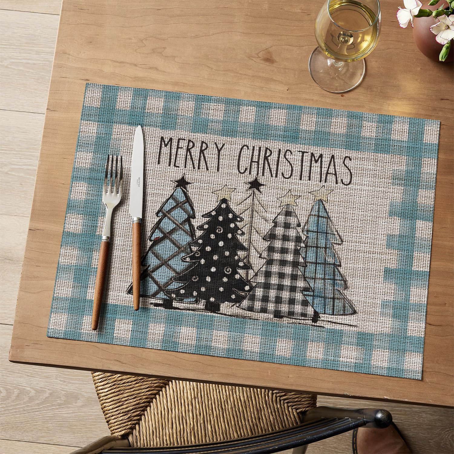 

Green Merry Christmas Vinyl Placemats Set of 4, 12x18 Inch Washable Non-Slip Woven Buffalo Plaid Plastic Winter Table Mat 12 x 18 , Rectangular 4 Pcs