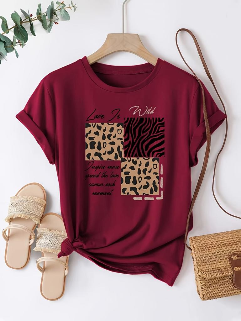 Vintage Letter Leopard Graphics Print Casual Summer Women's Short Sleeve T-Shirt Round Neck Y2k Tops Versatile Female Clothing