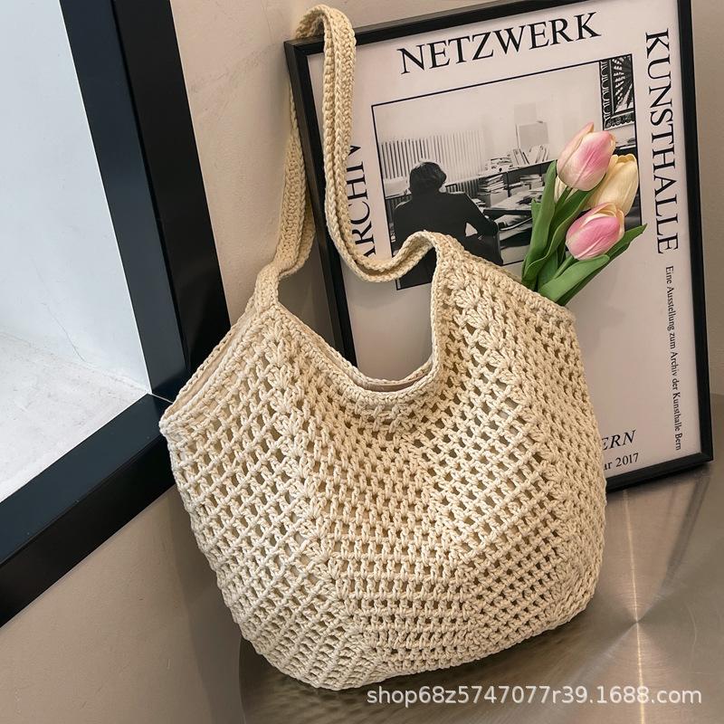 Casual Large-capacity Cotton Thread Woven Bag, New Openwork Straw Bag, Lazy Style Shoulder Bag, Vacation Beach Bag, Women's Bag