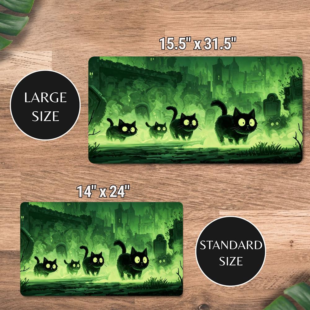 Spooky Graveyard Black Cats TCG Playmat 600x350 Green Castle Game Mat Non‑Slip Rubber Desk Pad for MTG DND CCG Trading Card Game