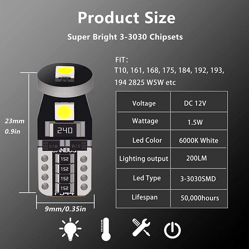 2/10 PCS T10 W5W LED Bulbs CANBUS Car Interior Dome Door Map Trunk License Plate Lights 12V 3030-3SMD 200LM 6000K Bright White Bulbs 7