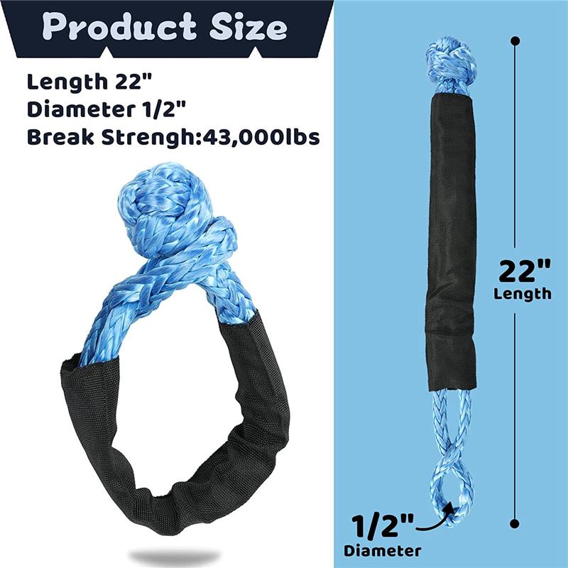 ABLZ-2PCS 1/2Inch X 22Inch Soft Hook And Loop Rope Synthetic Recovery Strap 43000LBS Breaking Power Blue