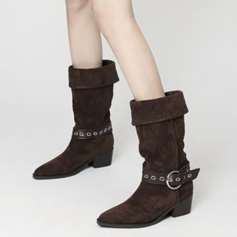 Fashion Women's 2025 New Fashion Mid-leg Boots Long-leg Knight Boots Block Heel Pointed Toe Cowhide Western Pile Boots