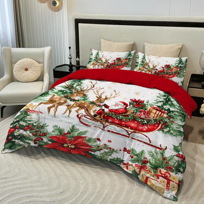 3PC Sled Elderly Duvet Cover Cute Elk Set Bedding Set (1Duvet Cover&2Pillowcases) Christmas Furniture Decor No Filler/Core