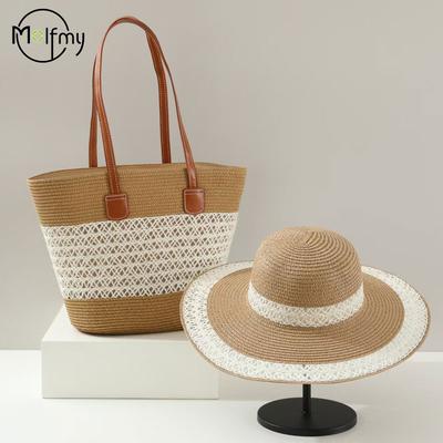 Straw Bag White Beach Hat Women's Summer Beach Tote Bags Outdoor Travel Vacati Large Capacity Shoulder Handbag Shade Beach Hat