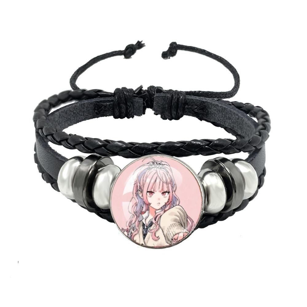 Manga Gokurakugai Cartoon Character Glass Cabochon Black Leather Bangle Bracelet Jewelry Charm Fans Gift MS013