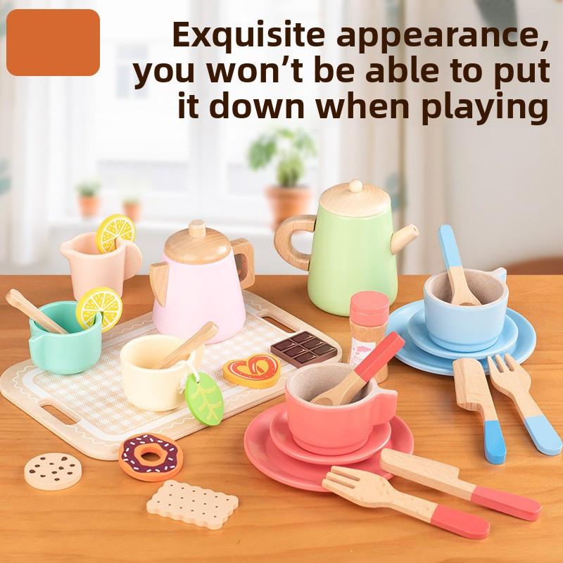 Afternoon Tea Wooden Cookies Cups Tableware Set Children Toys For Role Playing