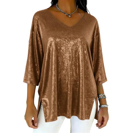 Women Tops V-Neck 3/4 Sleeves Loose Fit Pullover Tops Solid Color Loose Fit Glossy Design Casual Tops Women Clothing