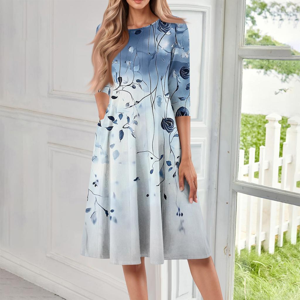 Women's Casual Fashion Round Neck Three Quarter Sleeve Print Midi Dress