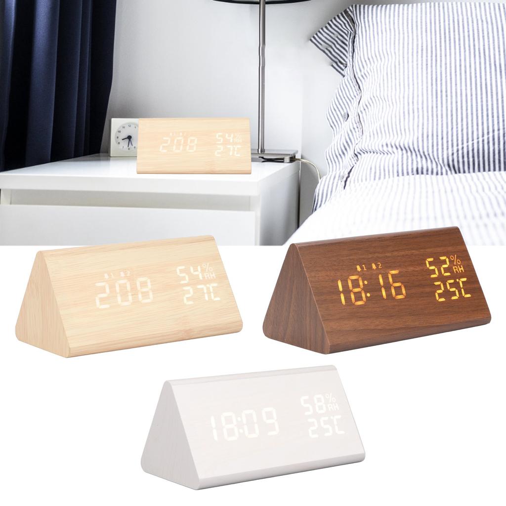 LED Digital Alarm Clock Multipurpose Wooden Clock with Voice Control Humidity Temperature Week Time 