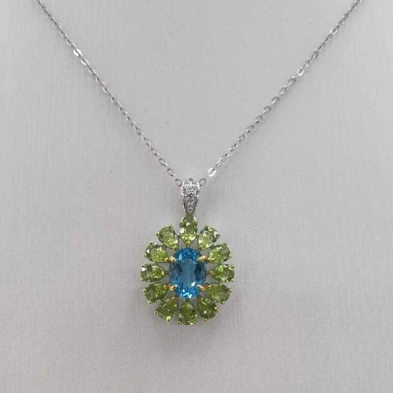 Sace Gems Anhänger für Damen, 925er Sterlingsilber, natürlicher Schweizer Blautopas und Peridot, Halskette, edler Schmuck, Geschenke