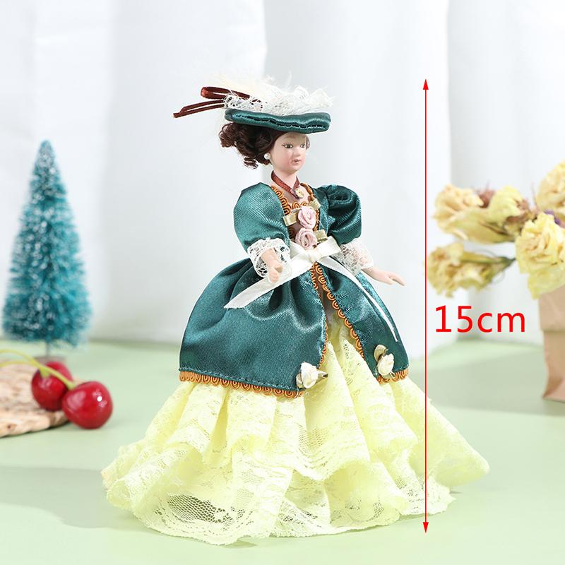 1:12 Dollhouse Miniature Porcelain Victorian Doll Model Green Dress Miss Lady Lady Modern Housewives Youth Doll Toy
