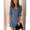 Women's V Neck Three Quarter Sleeve Solid A Line Mini Dress High Waist Casual Office Dress