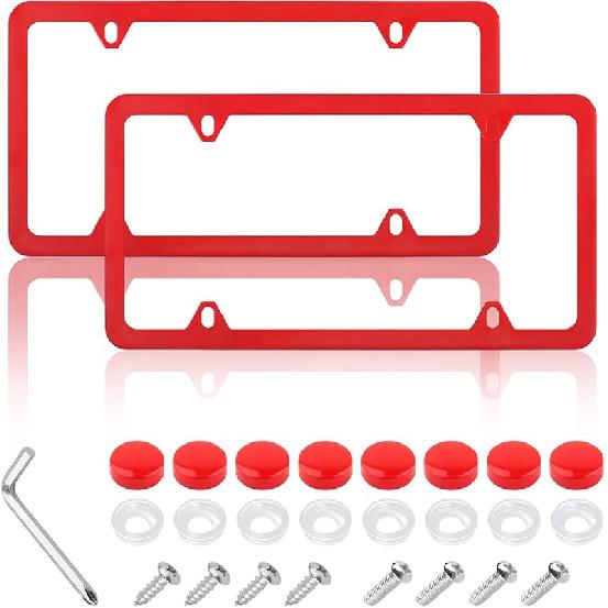 2PCS Colorful Car License Plate Frames With Gaskets Screws & Caps,Stainless Steel 4 Holes License Plate Holder Fits U.S. Standard,Universal Car