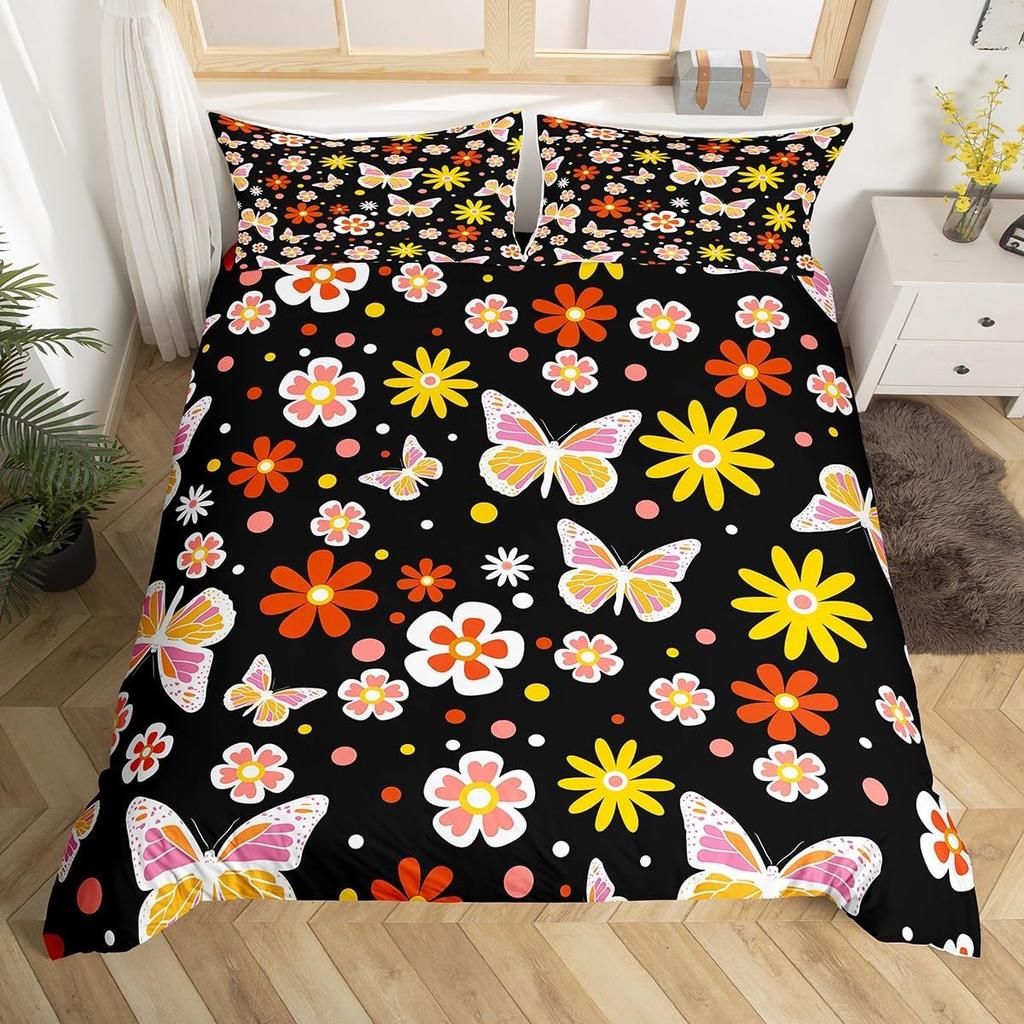 70er Jahre Retro Hippie Bettwäsche Set Groovy Blumen Bettbezug Full Queen für Erwachsene Teenager Boho Vintage Psychedelisch Floral Bettbezug